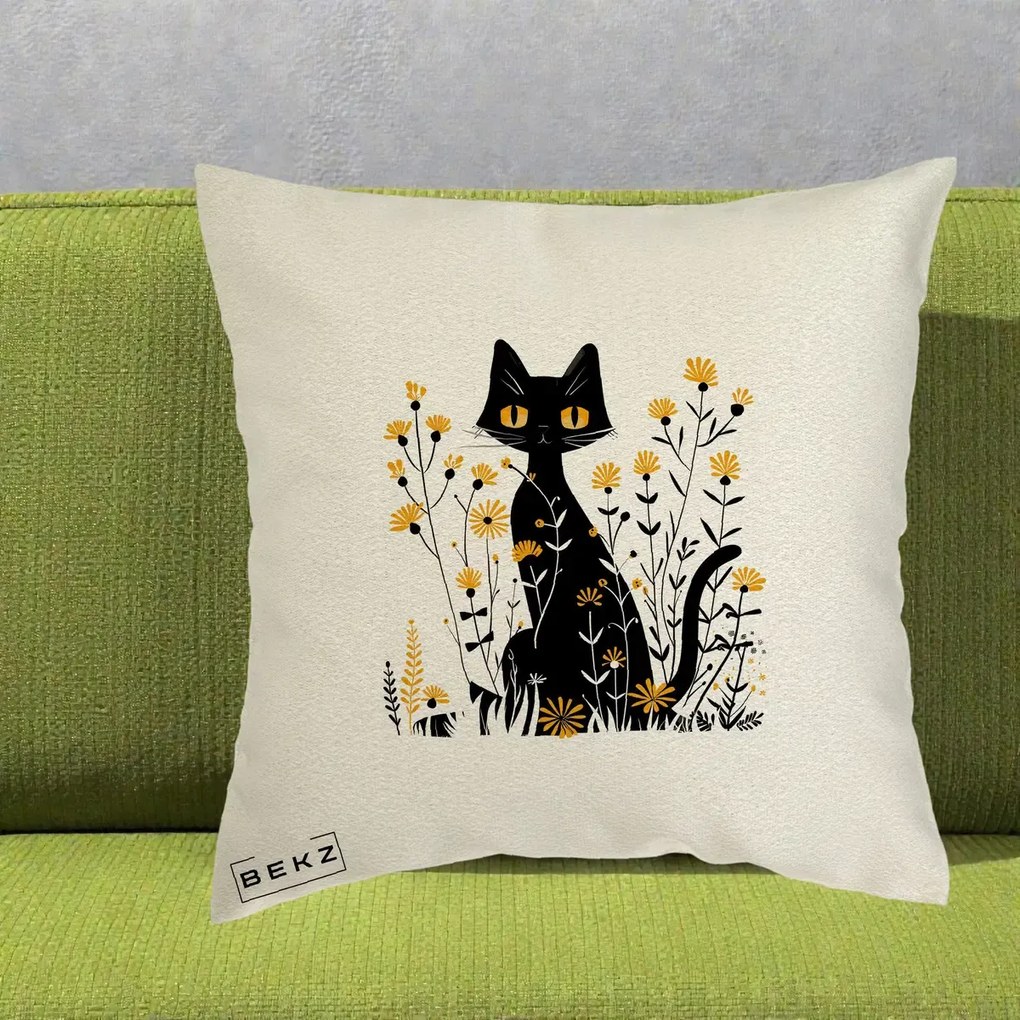 Perna Decorativa Pisica Neagra Ochi Galbeni Flori Galbene, 40x40 cm, Ecru, Husa Detasabila, Perna Inclusa, BEKZ®