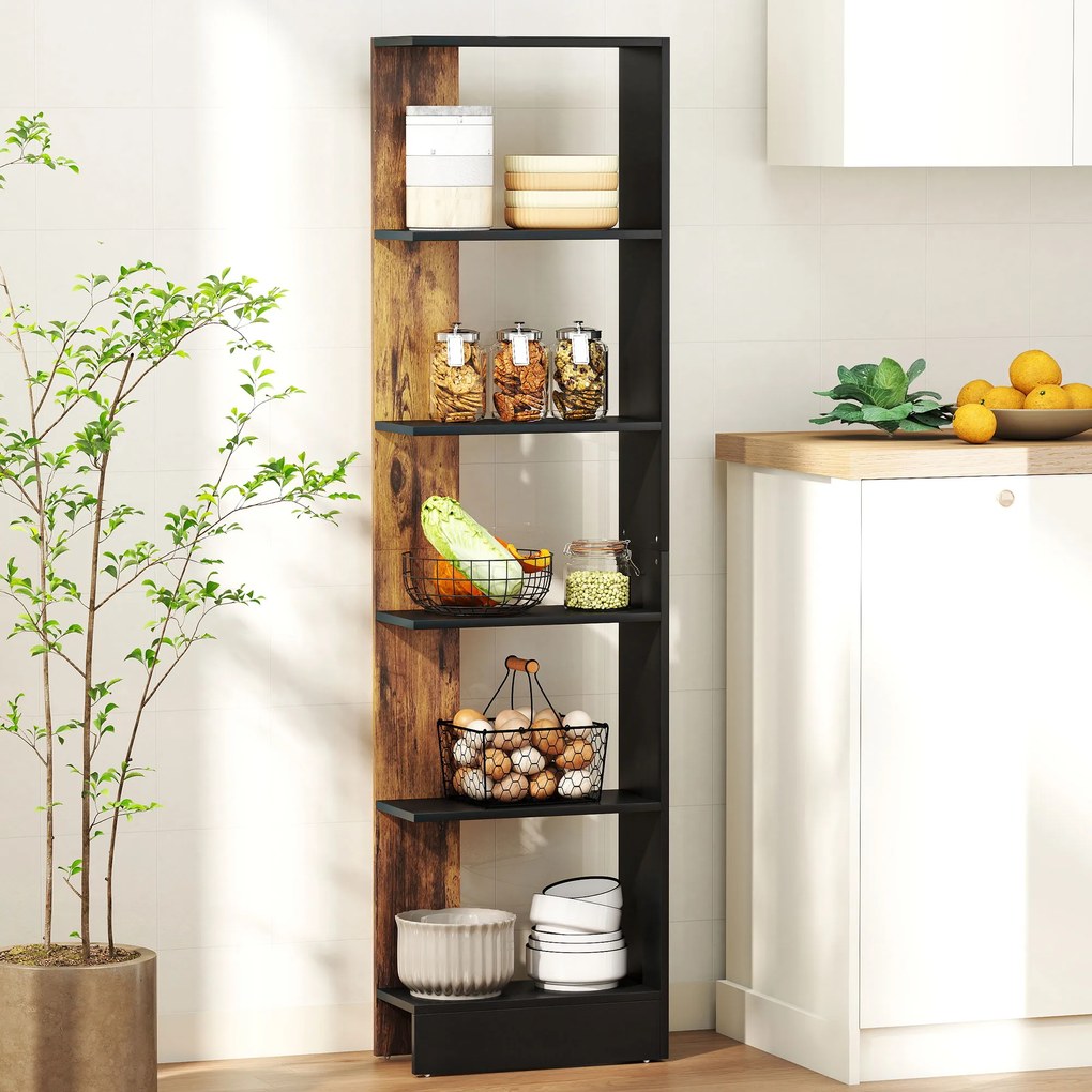 HOMCOM Raft Îngust cu 5 Etajere, Raft Economisitor de Spațiu Modern din Lemn, Bibliotecă pentru Baie, Living, Dormitor, Birou, 45x21x170 cm, Maro Rustic | Aosom Romania