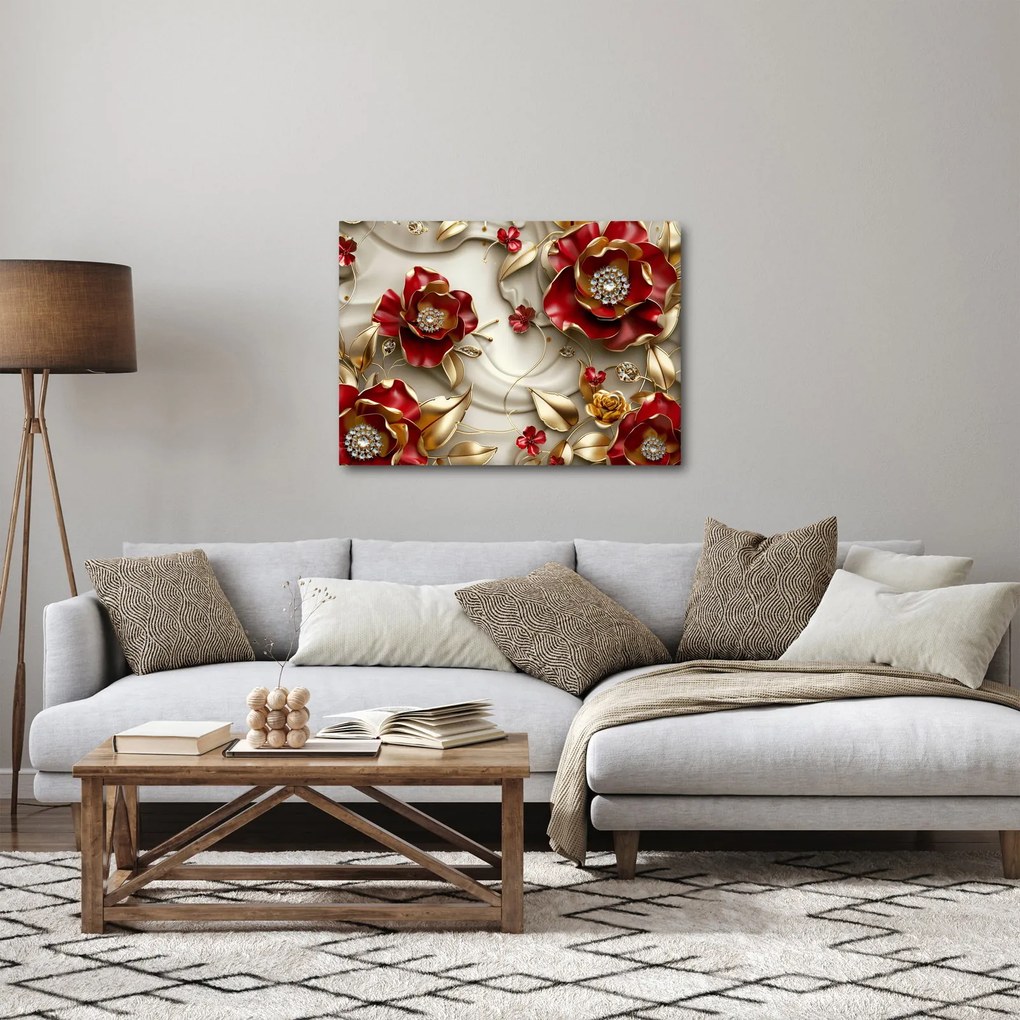 Tablou - Flori 3D Roșu-Auriu (70x50 cm)