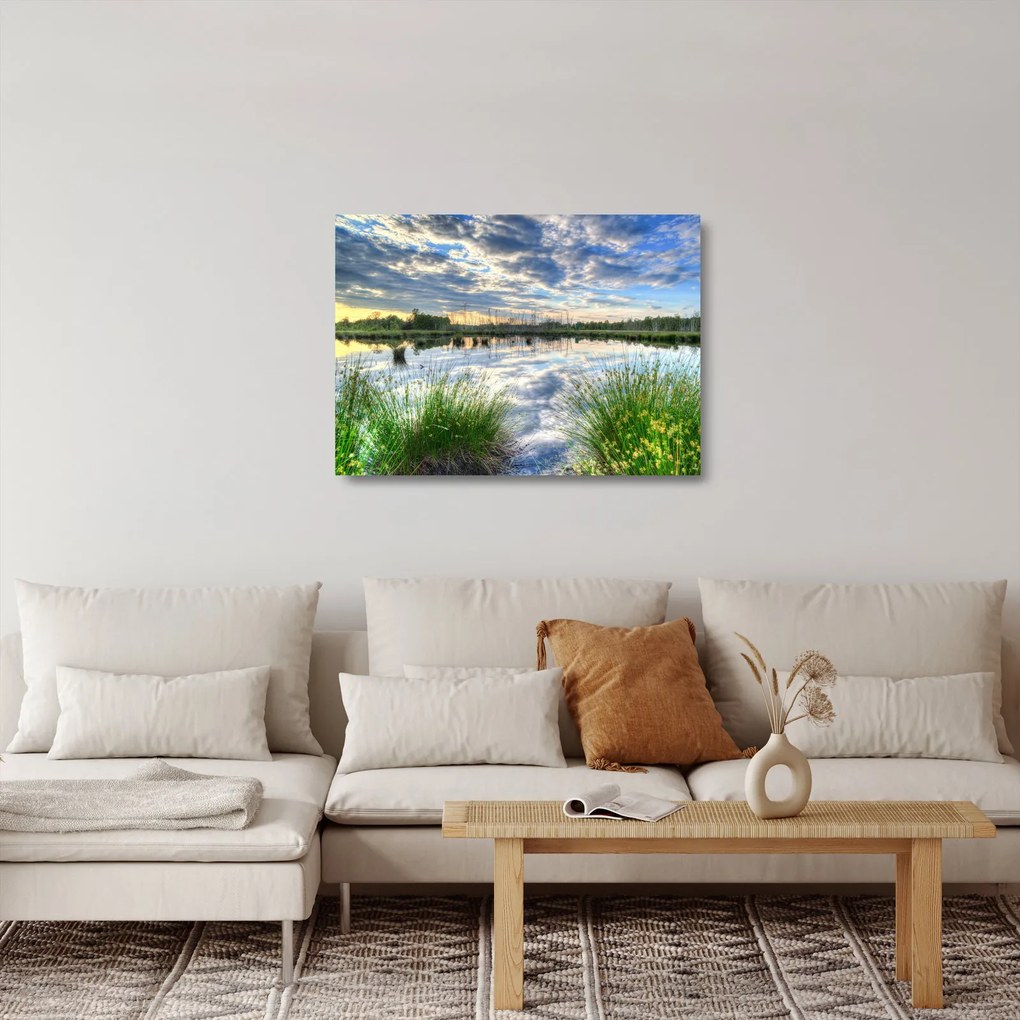 Tablou pe sticlă cu lac și trestie (70x50 cm)