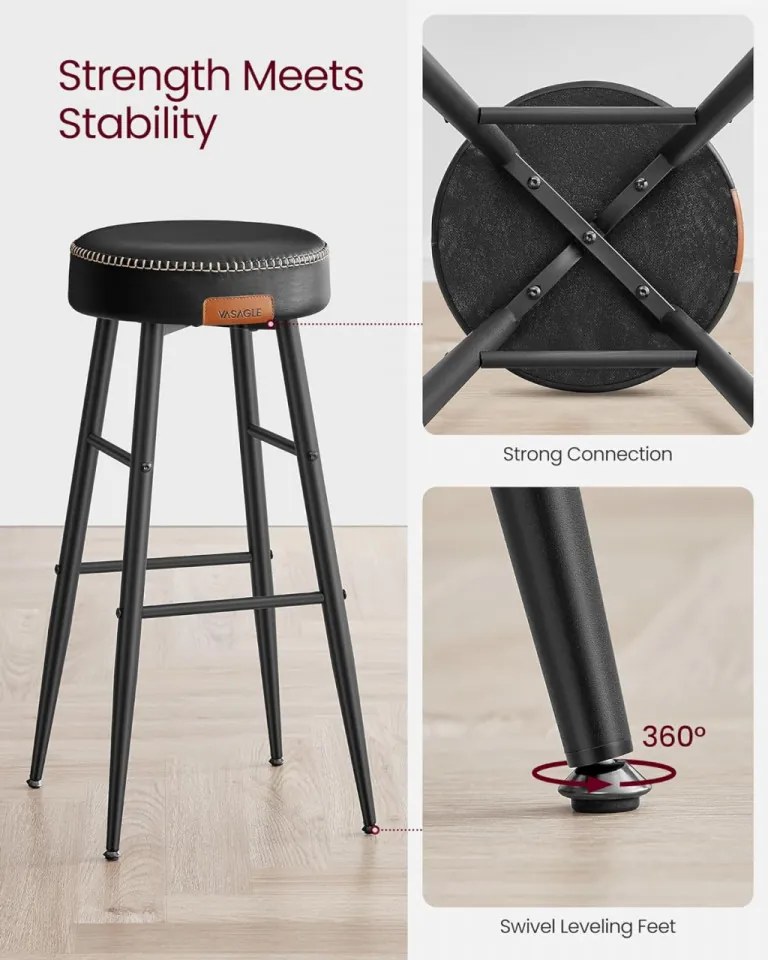 Set 2 scaune bar, diametru 33 cm, piele ecologica / metal, negru, Vasagle