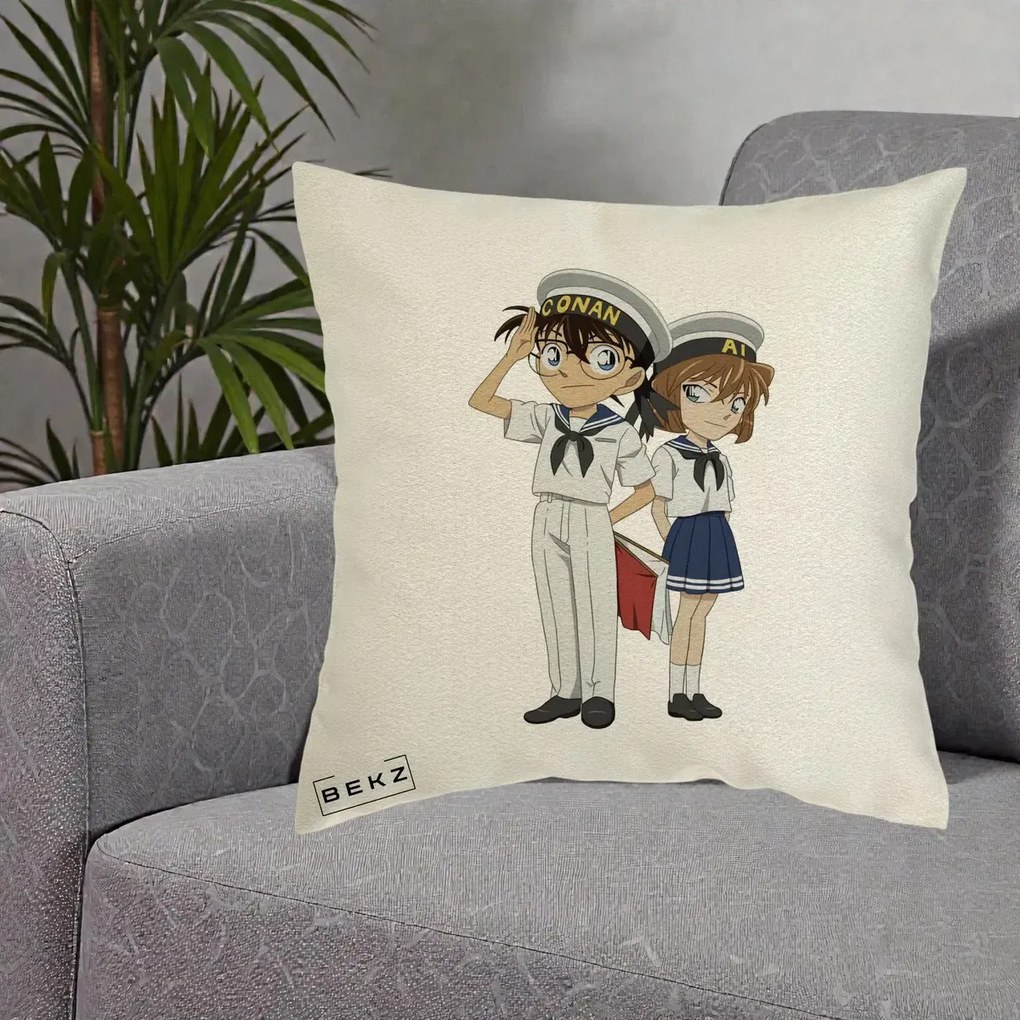 Perna Personalizata Detective Conan Conan si Ai Sailor, 40x40 cm, Ecru, Husa Detasabila, Perna Inclusa, BEKZ®