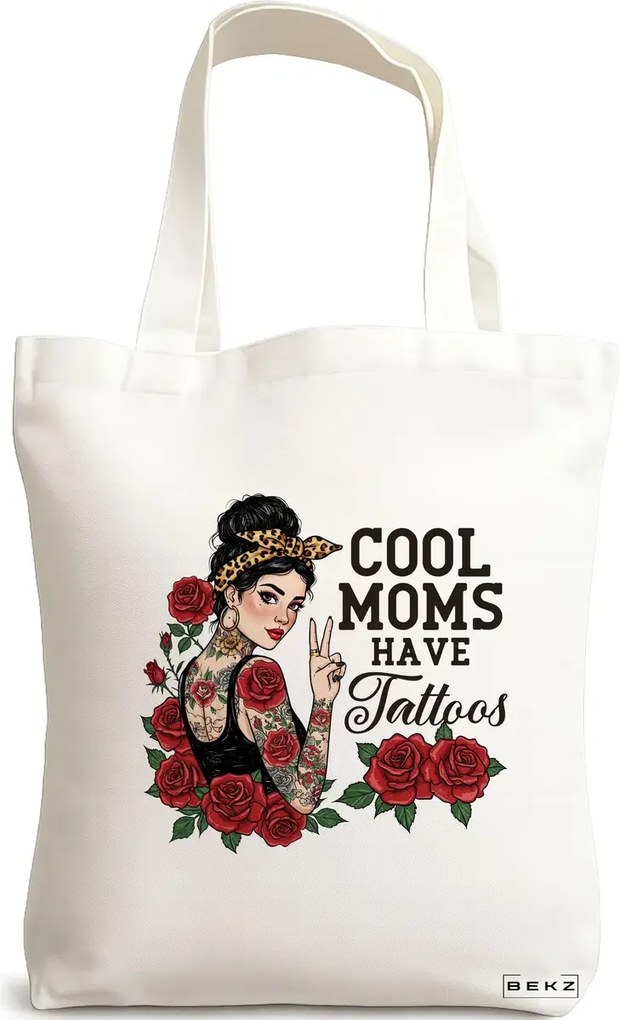Sacosa de Panza pentru Cumparaturi, Geanta Tote, model Cool moms have tatoos 38 x 34.5 cm, Alba, BEKZ®
