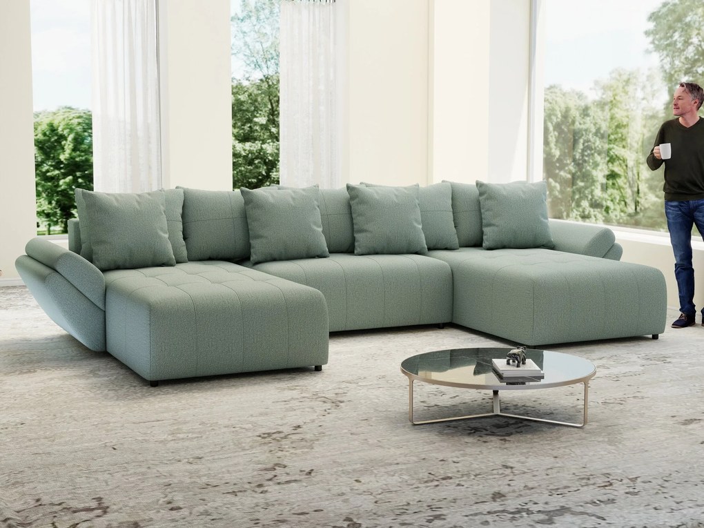 Colțar extensibil dumonde cu ladă de depozitare si sezut confortabil din spuma high-density, Berlin U Enjoy Mint 380x180 cm