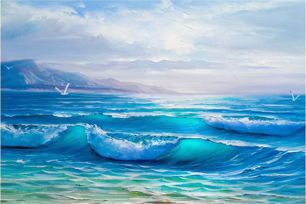 Tablou - Pictură în ulei de mare cu pescăruși (90x60 cm)