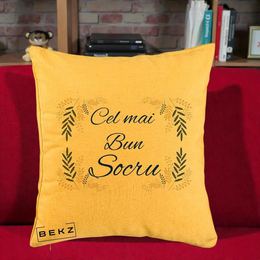Cadou pentru Socru - Perna Personalizata Cel mai Bun Socru cu Ramuri Frunze Albastre si Aurii, 40x40 cm, Galben, Husa Detasabila, Perna Inclusa, BEKZ®