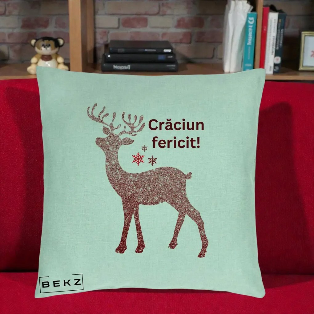 Perna Decorativa Ren Sclipitor Glitter Craciun Fericit, 40x40 cm, Verde Menta, Husa Detasabila, Perna Inclusa, BEKZ®
