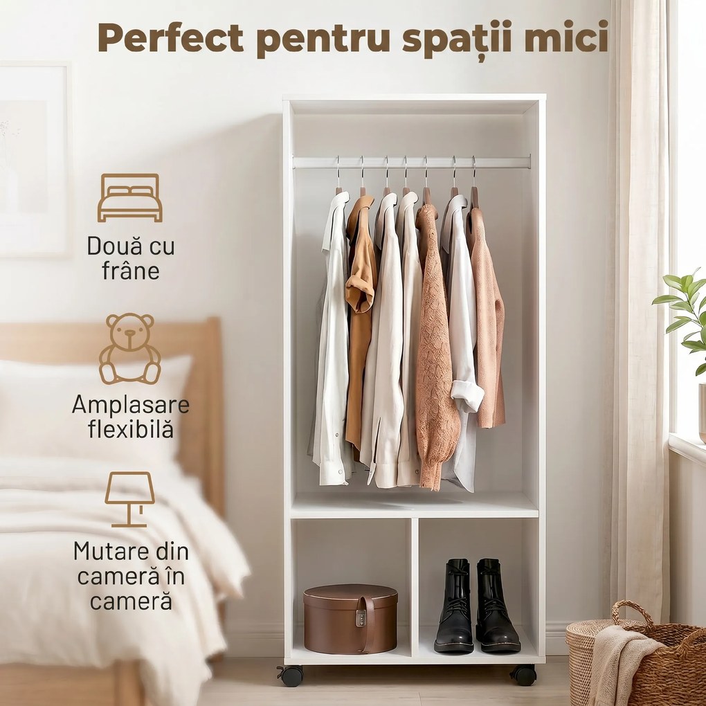 HOMCOM Cuier cu Bară din Aluminiu și 2 Rafturi Deschise, 60x40x128 cm, Alb | Aosom Romania