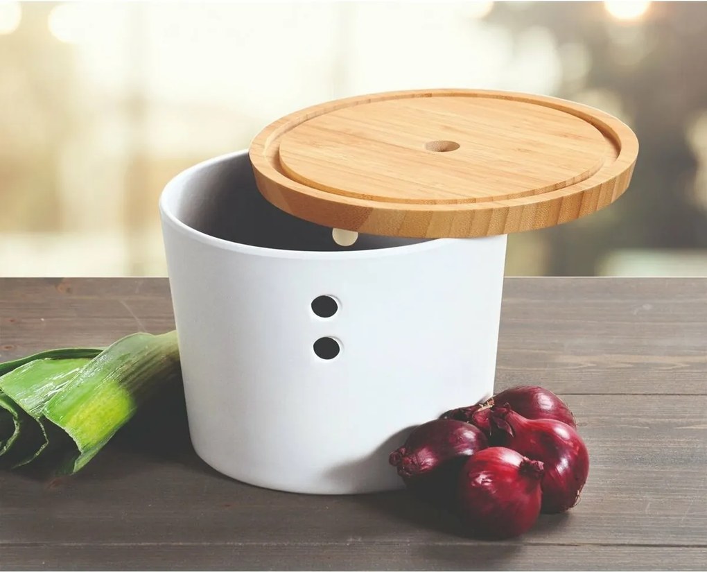 Kesper 32622 Cutie de depozitare dinplastic/bambus, albă, diametru 21 cm