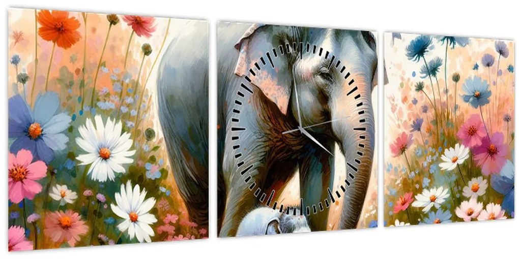 Tablou - Mama elefant, acuarelă (cu ceas) (90x30 cm)