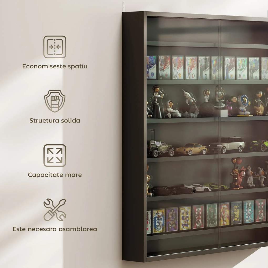 HOMCOM Dulap Tip Vitrină de Expoziție cu Rafturi Reglabile, Montată pe Perete, Negru | Aosom Romania