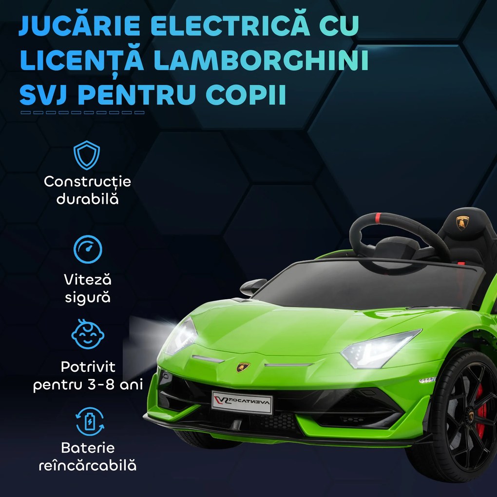 HOMCOM Masina Electrica pentru Copii, Automobil Lamborghini Aventador cu Telecomanda, Faruri LED, Muzica, Varsta 3-8 Ani, Verde | Aosom Romania