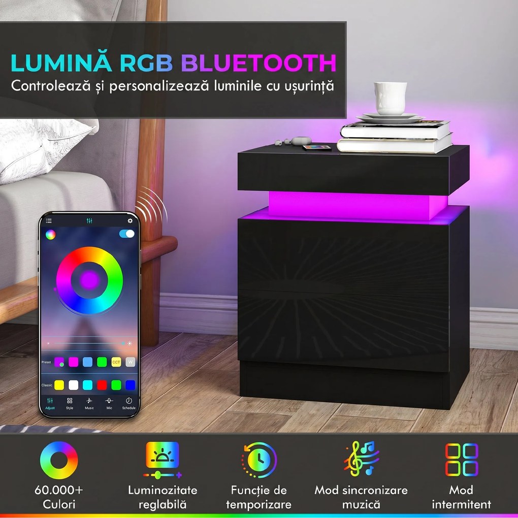 HOMCOM Set 2 Noptiere cu LED și 4 Moduri, 2 Sertare, Lemn, 45x35x52 cm, Negru Lucios | Aosom Romania