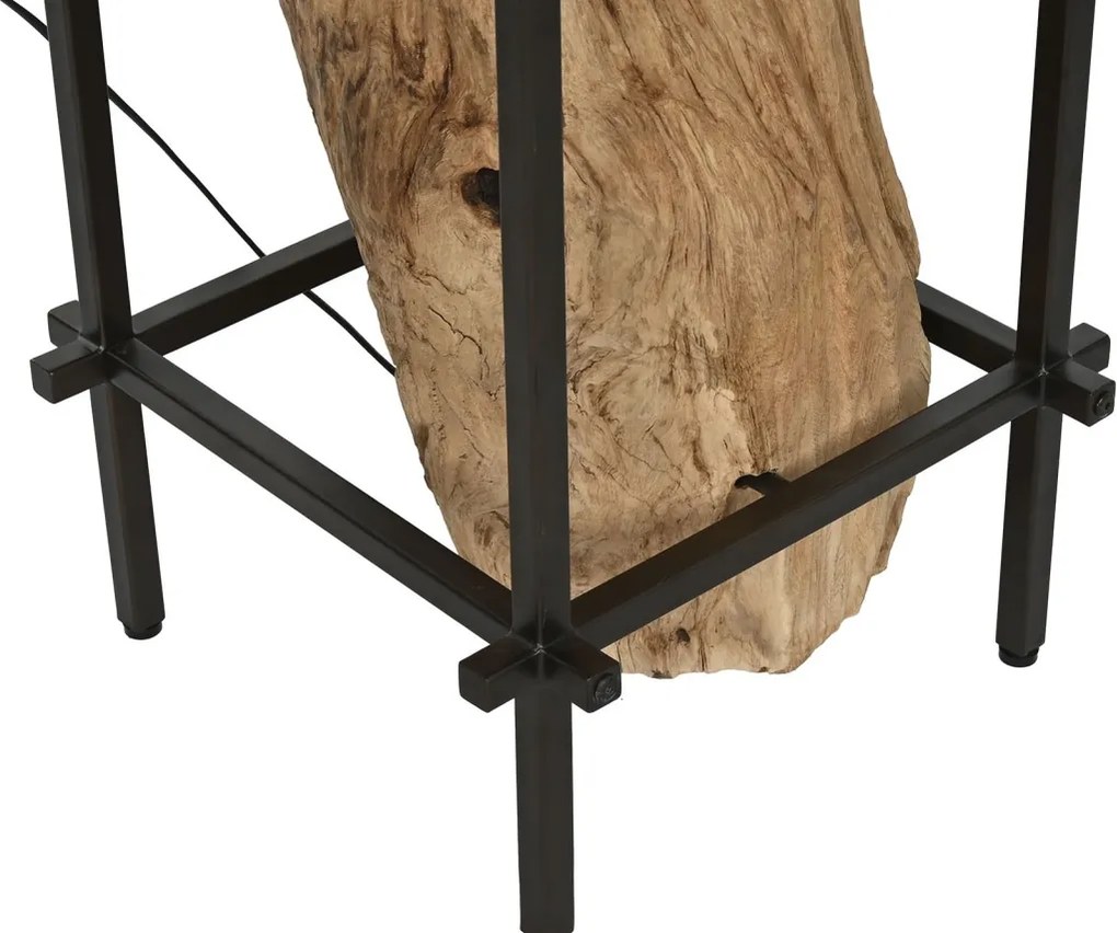 Lampadar din lemn de tec lucrat manual, natur, cu picior sculptat și raft din metal negru, finisaj natural, 200 x 75 x 75 cm, „Valencay”