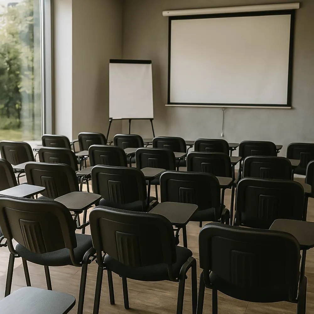 Scaun conferință negru HRC 606 din stofă cu măsuță rabatabilă și cadru metalic