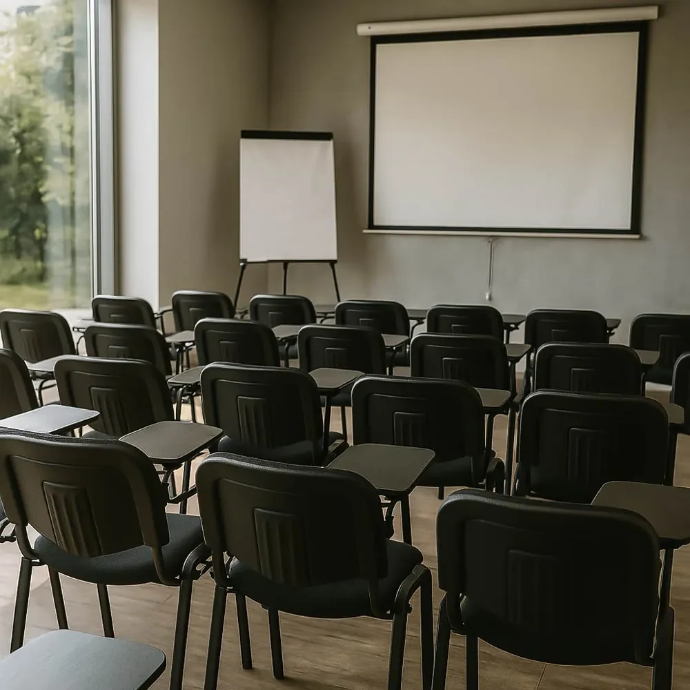 Scaun conferință negru HRC 606 din stofă cu măsuță rabatabilă și cadru metalic