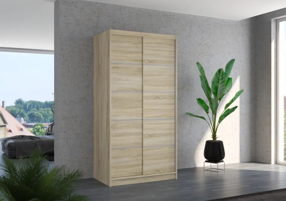 Dulap cu usi glisante 100x200 cm, Riva, ADRK Furniture (Culoare: Alb / Sonoma)