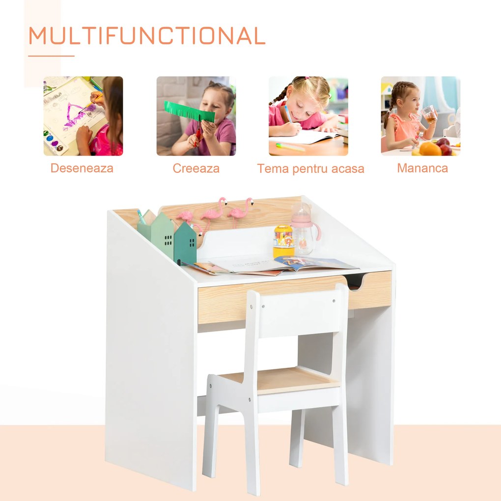 HOMCOM Set Birou și Scaun pentru Copii 6-10 Ani cu Raft și Sertar | Aosom Romania