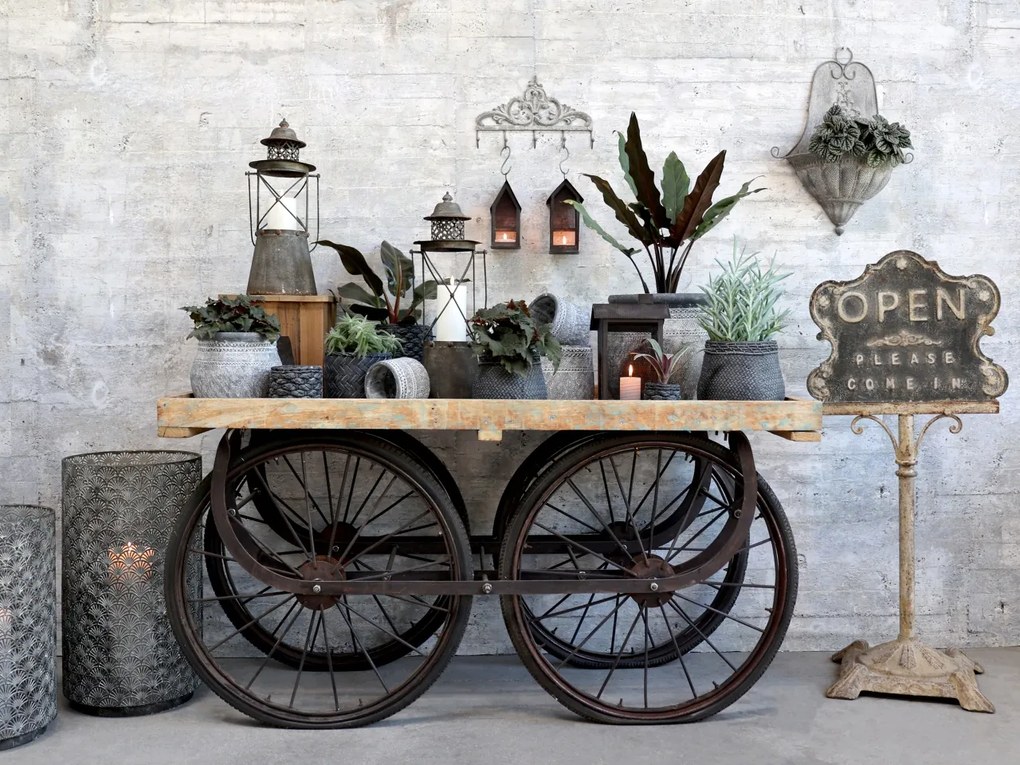 Consola din lemn reciclat de mango, cu 4 roti, aspect rustic industrial, „Atelier Nomad”