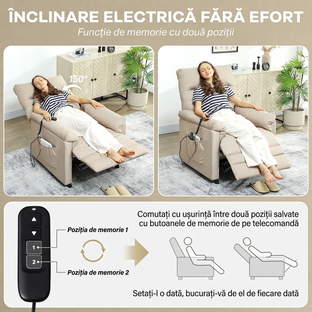 HOMCOM Fotoliu Relaxant Electric cu Masaj și Încălzire, cu Suport pentru Picioare, Silențios, Reclinabil 150° în Material Catifelat Prietenos cu Animalele, cu Funcție de Memorare, 2 Telecomenzi pentru Sufragerie, Bej | Aosom Romania