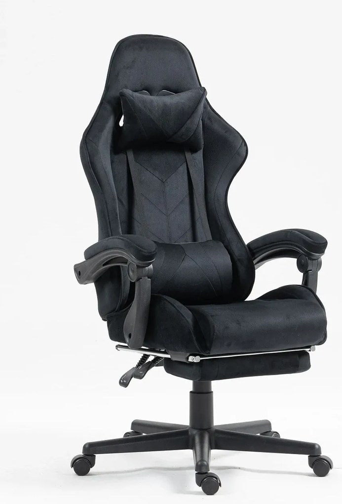 Scaun gaming, masaj în perna lombară, suport picioare, catifea, Negru