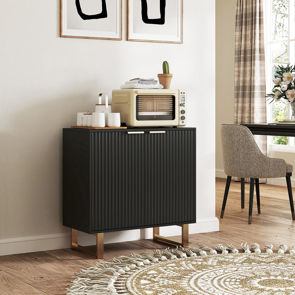 HOMCOM Bufet salon mobilier de depozitare stil modern cu dulap cu 2 uși canelate, raft ajustabil, picioare metalice, negru | Aosom Romania