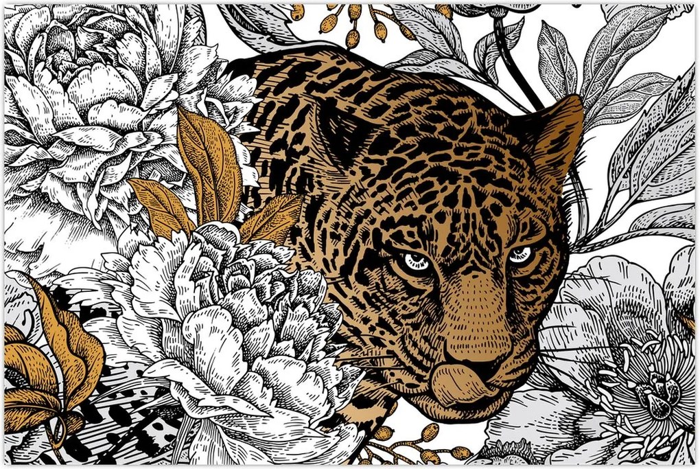 Tablou - Leopard între flori (90x60 cm)