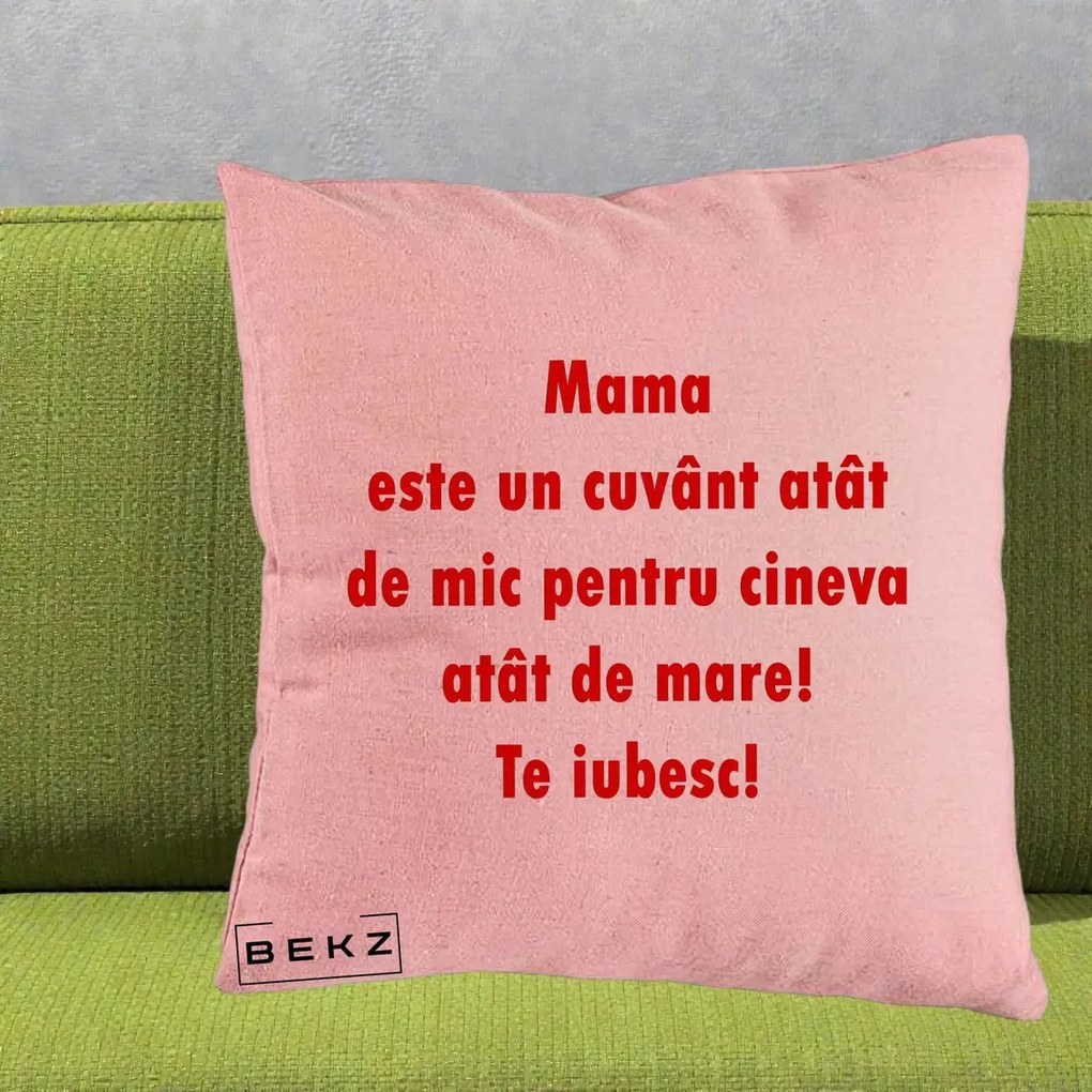 Cadou pentru Mama - Perna Personalizata Mama Cuvant Mic, 40x40 cm, Roz, Husa Detasabila, Perna Inclusa, BEKZ®