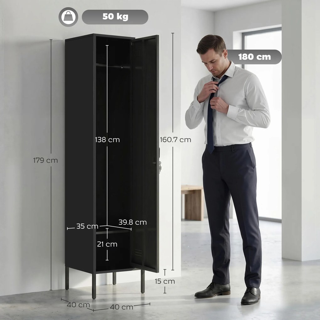 HOMCOM Spind metalic cu ușă închisă cu cheie și bară pentru haine, spind metalic individual pentru acasă sau birou, Negru | Aosom Romania