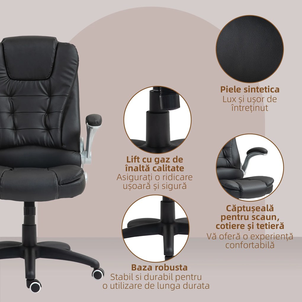 HOMCOM Scaun Ergonomic de Birou cu Brațe și Înălțime Reglabile, Tetieră, și Funcție de Balans, 111-121x60x69 cm, Negru | Aosom Romania