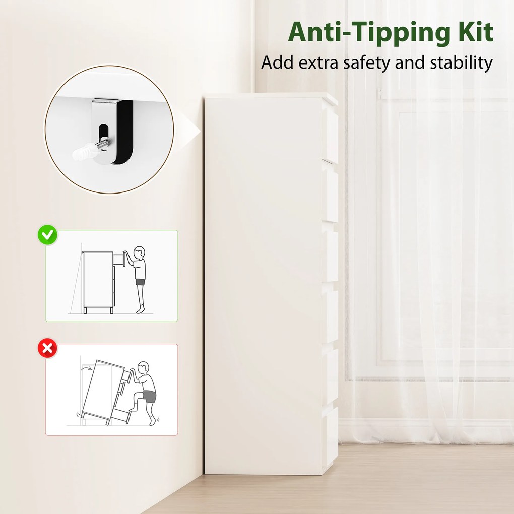 HOMCOM Comodă 6 sertare cu luciu înalt, mobilier de depozitare îngust fără mânere, 40 x 35 x 109 cm, alb | Aosom Romania