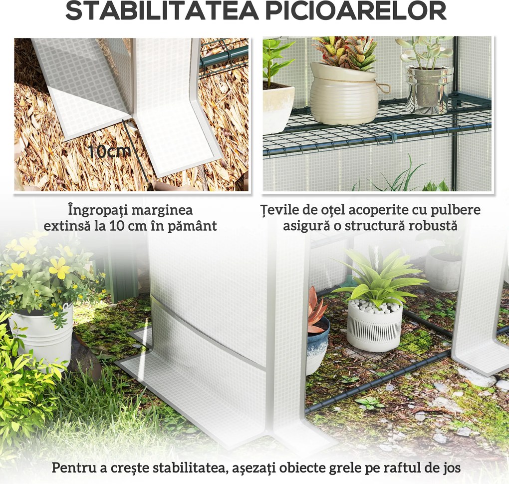 Outsunny Seră de Grădină cu 2 Uși Rulabile, Raft cu 3 Niveluri și Buzunare Laterale, Alb și Gri | Aosom Romania