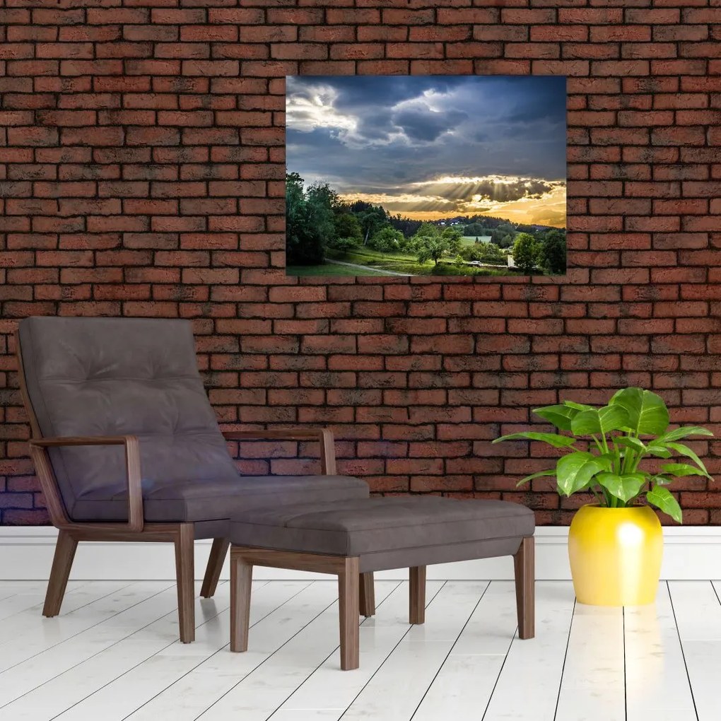 Tablou pe sticlă cu peisaj și raze de soare (70x50 cm)