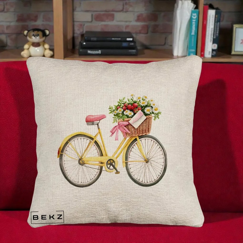 Perna Decorativa Bicicleta Galbena cu Cos de Flori Primavara, 40x40 cm, Bej Canapea, Husa Detasabila, Perna Inclusa, BEKZ®