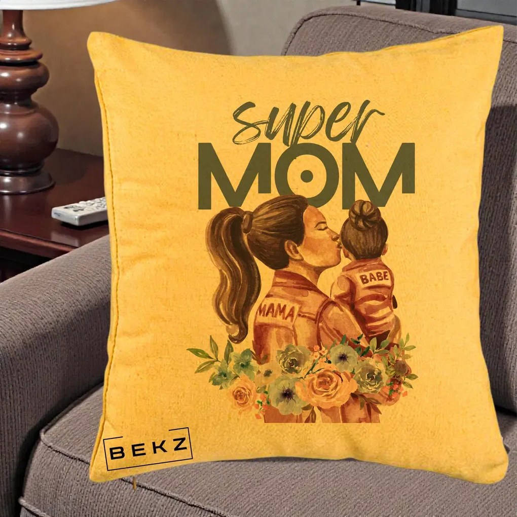 Cadou pentru Mama - Perna Personalizata Super Mom Mama cu Bebelusul, 40x40 cm, Galben, Husa Detasabila, Perna Inclusa, BEKZ®