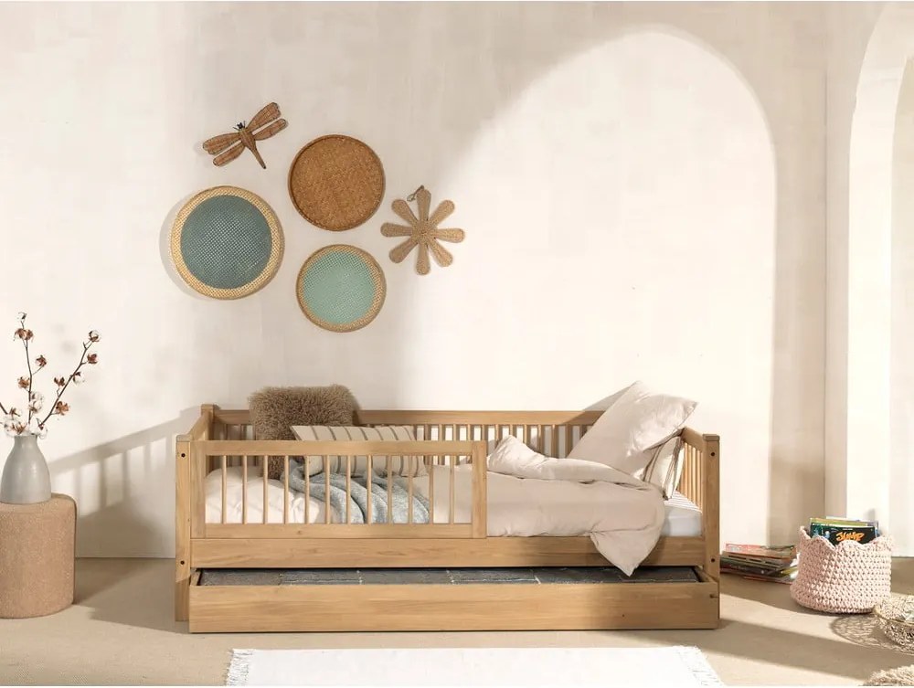 Pat pentru copii în culoare naturală cu extensie suplimentară din lemn de stejar cu somieră 90x200 cm Forrest – Vipack