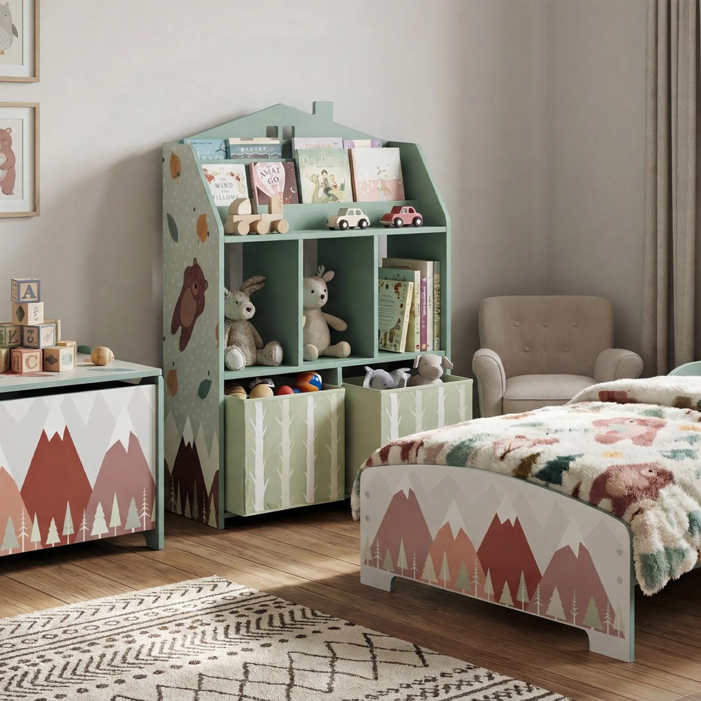 AIYAPLAY Etajeră pentru jucării cu sertare din material textil rafturi deschise design cu ursuleți organizator de jucării Verde | Aosom Romania