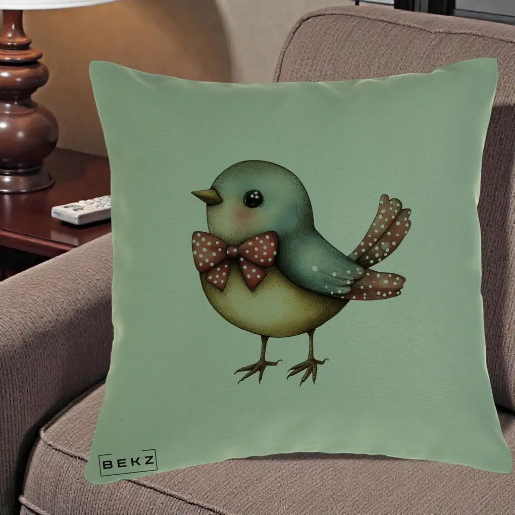 Perna Decorativa Pasare Bleu cu Fundita Rosie, 40x40 cm, Verde, Husa Detasabila, Perna Inclusa, BEKZ®