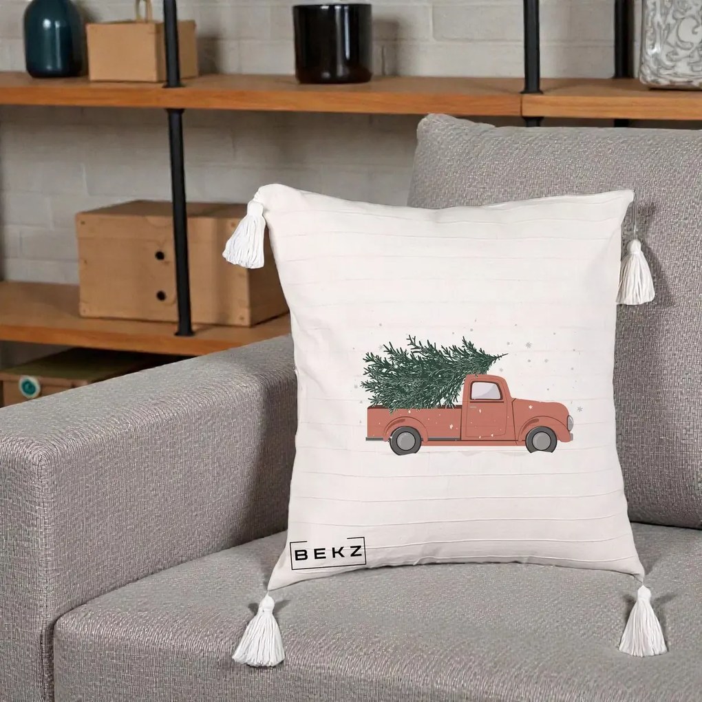 Perna Decorativa Camioneta Terracotta Brad de Craciun, 40x40 cm, Bej cu Franjuri, Husa Detasabila, Perna Inclusa, BEKZ®