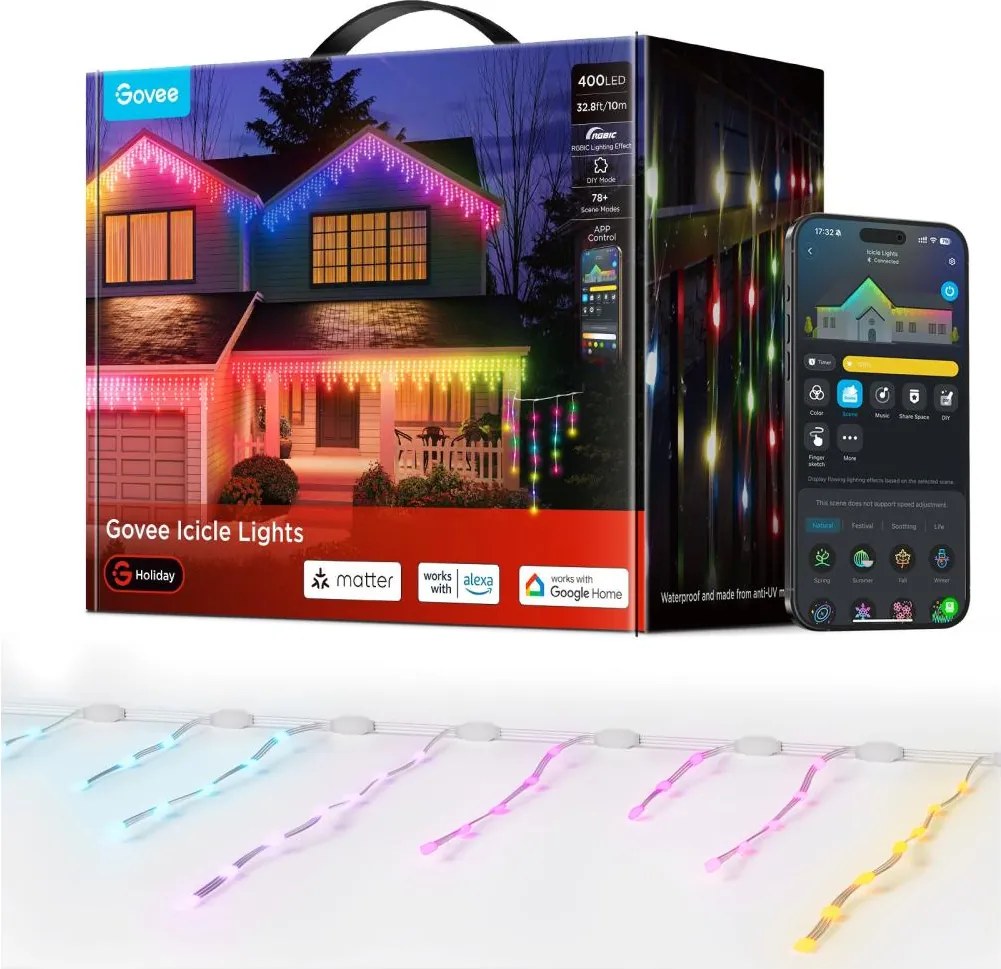 Govee - LED RGBIC Ghirlandă cu țurțuri pentru exterior 10m Wi-Fi Matter IP65