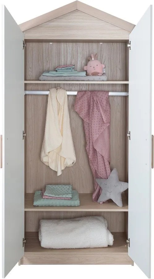 Șifonier de copii alb-în culoare naturală cu aspect de lemn de stejar 96x190x50 cm Cabane – Roba
