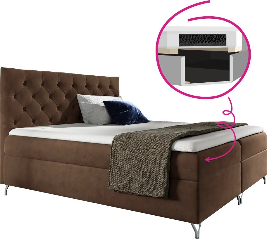 Pat cu boxspring, 200x200, ţesătură maro Velvet, GULIETTE + cadou
