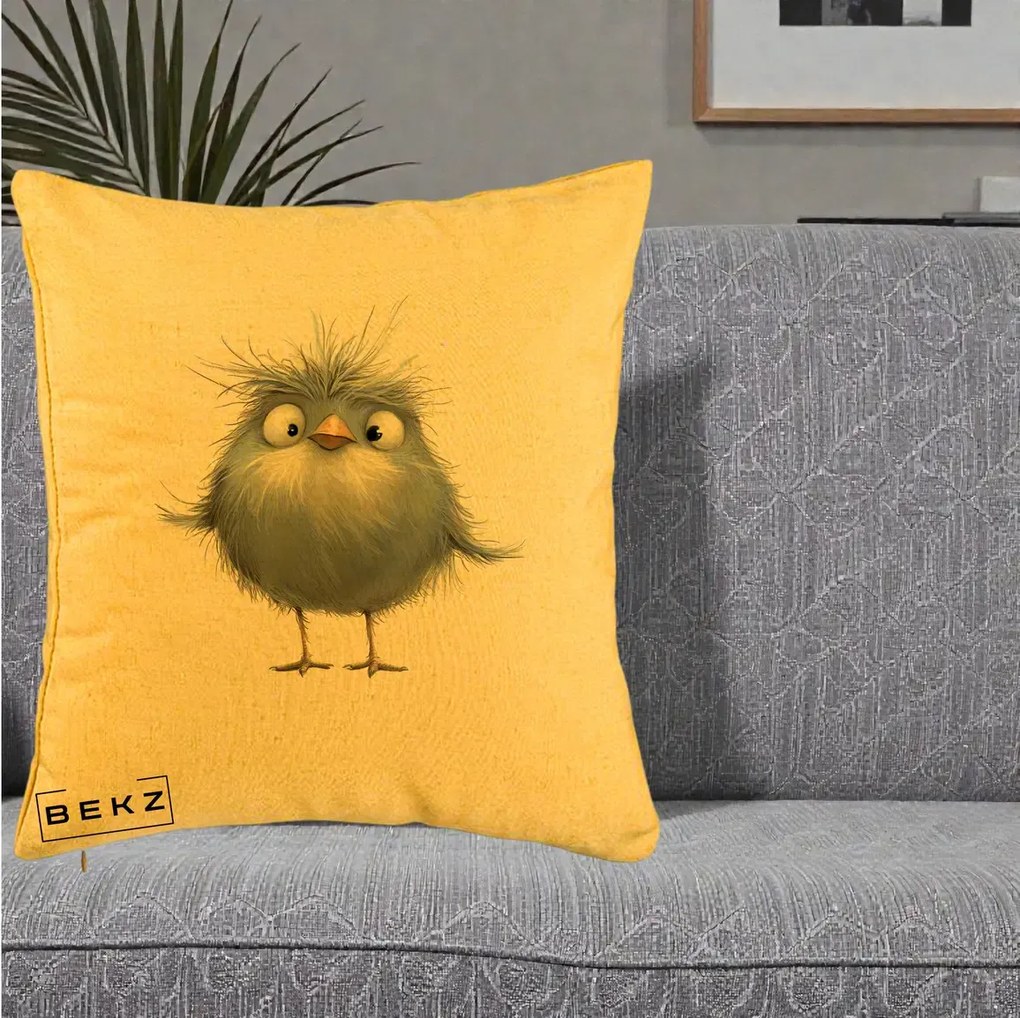Perna Decorativa Pui Gri Pufos Zbarlit, 40x40 cm, Galben, Husa Detasabila, Perna Inclusa, BEKZ®