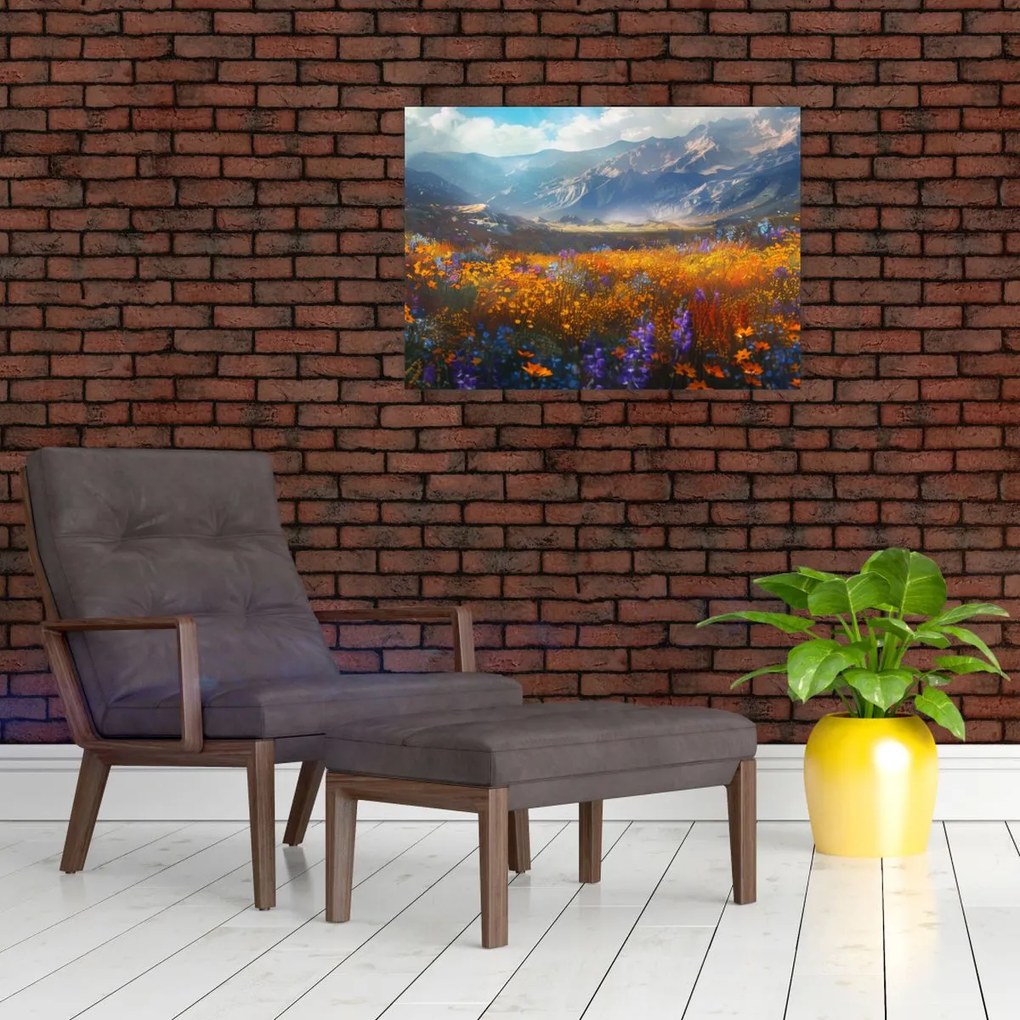 Tablou pe sticlă - Peisaj montan pictat II. (70x50 cm)