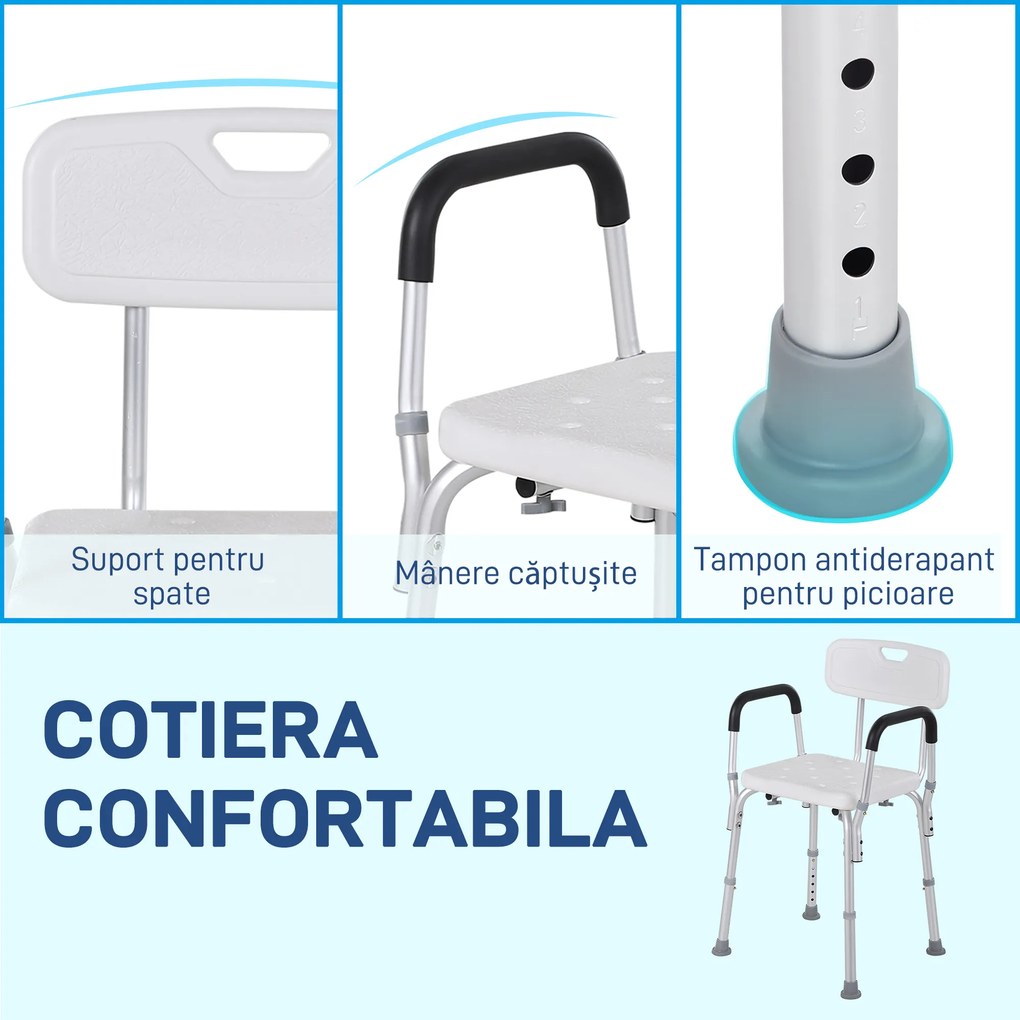 HOMCOM Scaun de Duș cu Spătar, Brațe, Înălțime Reglabilă și Picioare Antiderapante, 51,5x51,5x71-84 cm, Alb | Aosom Romania