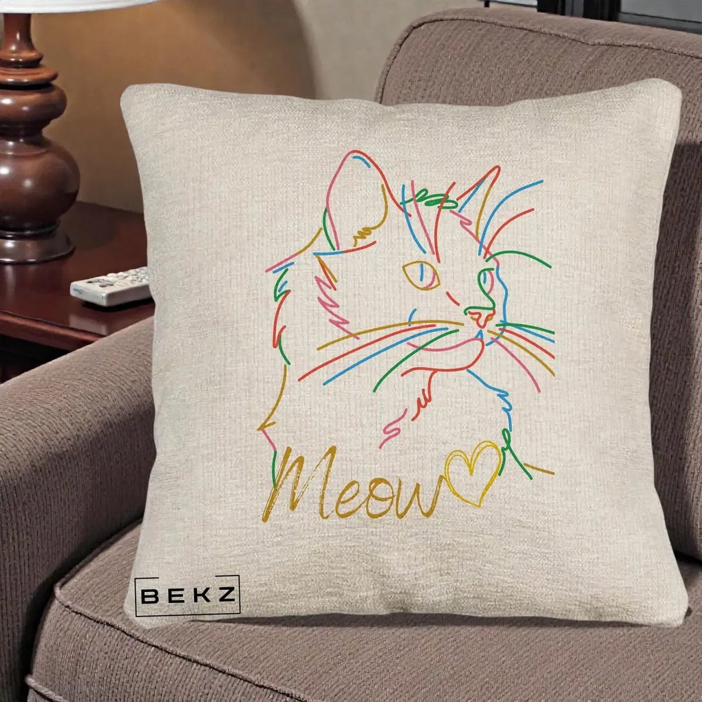 Perna Personalizata Pisica Meow Arta Linie Colorata, 40x40 cm, Bej Canapea, Husa Detasabila, Perna Inclusa, BEKZ®