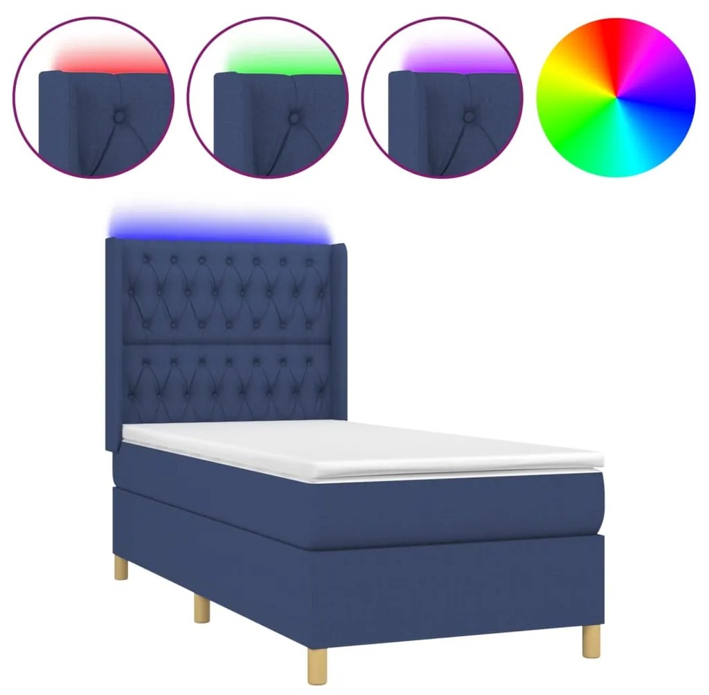 3139075 vidaXL Pat cu arcuri, saltea și LED, albastru, 80x200 cm, textil