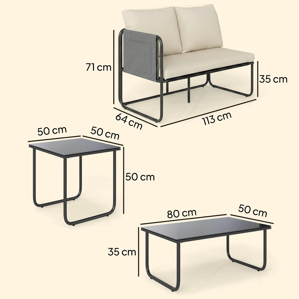 Outsunny Set Mobilier Grădină Exterior 4 Piese cu 2 Canapele 2 Locuri 2 Mese din Sticlă Perne Huse Detașabile și Buzunare Kaki | Aosom Romania