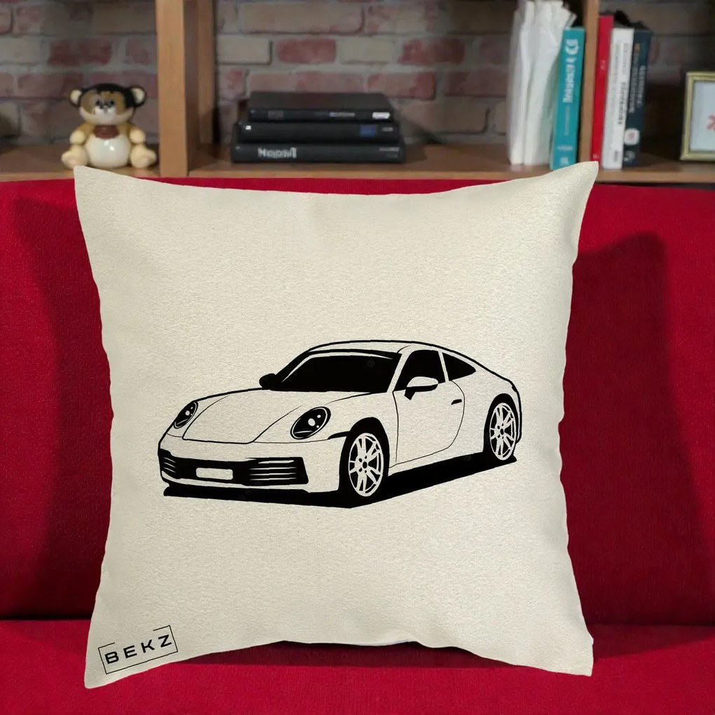 Perna Personalizata Porsche 911 Silueta, 40x40 cm, Ecru, Husa Detasabila, Perna Inclusa, BEKZ®