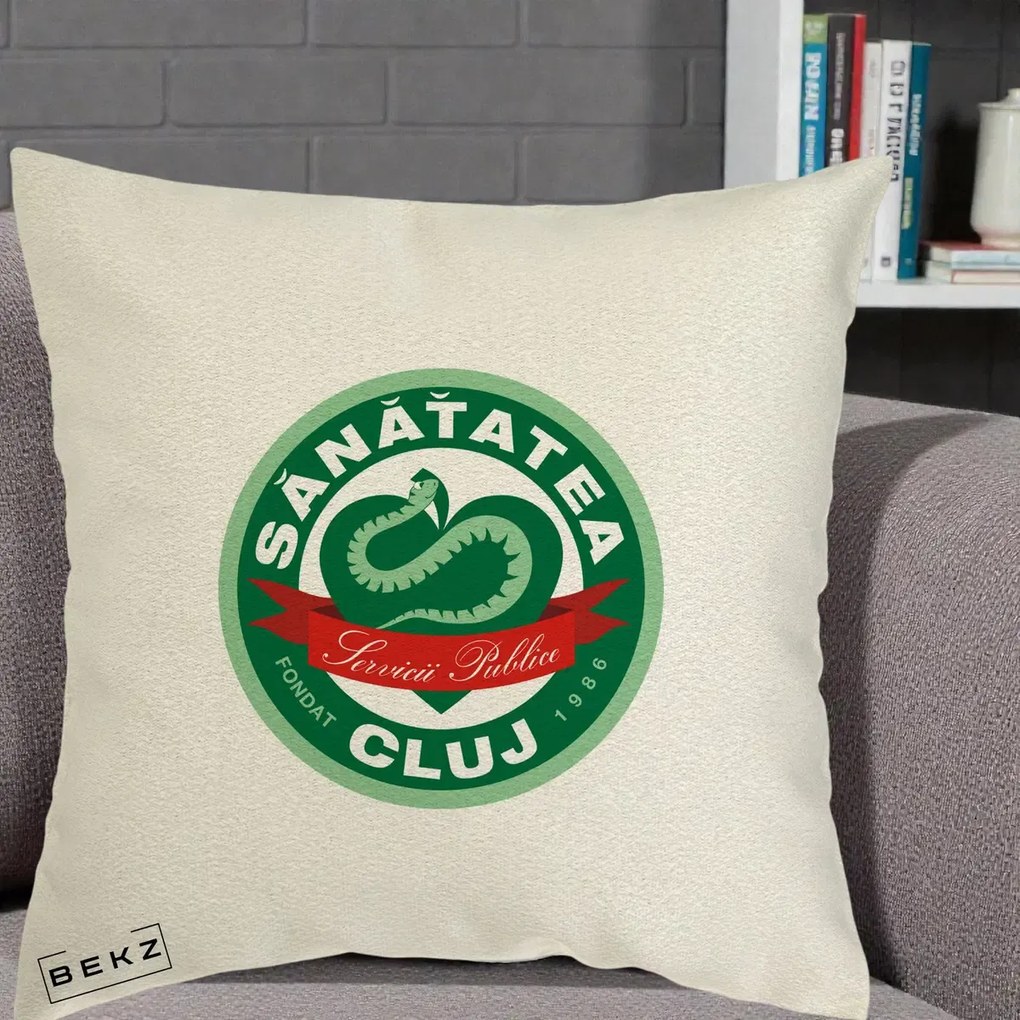 Perna Personalizata Sanatatea Cluj Servicii Publice 1986, 40x40 cm, Ecru, Husa Detasabila, Perna Inclusa, BEKZ®